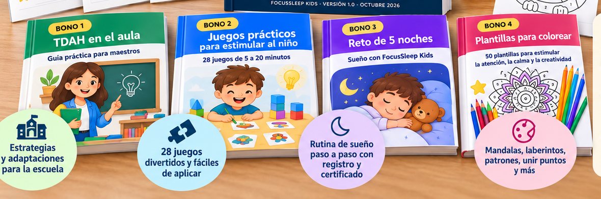 Los cuatro bonos: TDAH en el aula, juegos prácticos, reto de 5 noches y plantillas para colorear