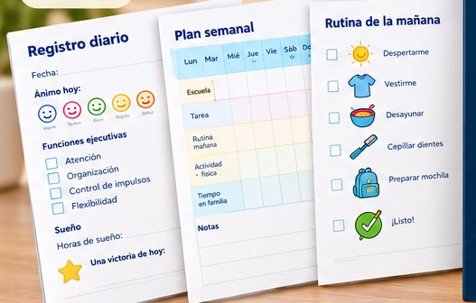 Hojas de registro diario, plan semanal y rutina de la mañana, impresas