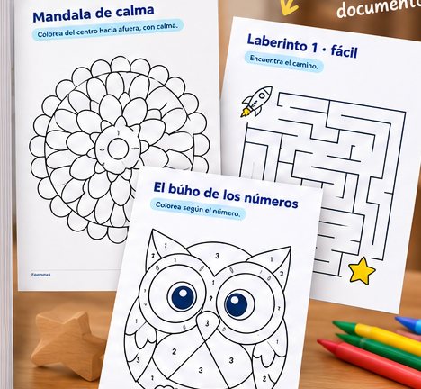 Tres plantillas para colorear: un mandala, un laberinto y un búho por números