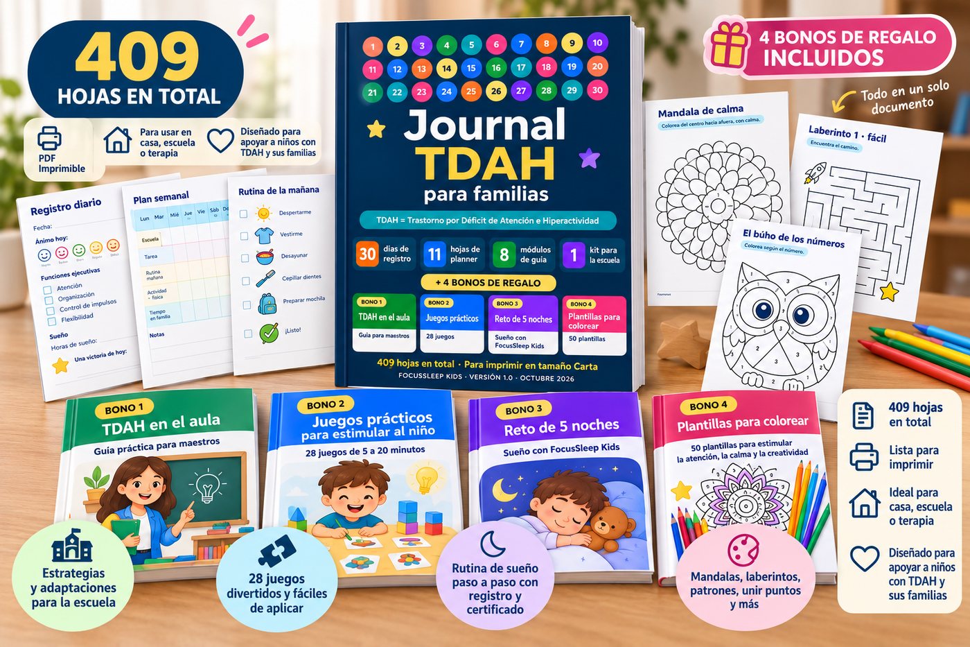 El Journal TDAH para familias impreso, con sus hojas de registro, los 4 bonos y las plantillas para colorear